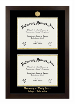 University of North Texas College of Information Double Diploma Frame in Manhattan Espresso with Black & Gold Mats for document: 8 1/2"h x 11"w  , document: 8 1/2"h x 11"w  