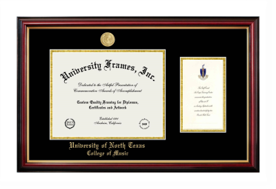University of North Texas College of Music Diploma with Announcement Frame in Petite Mahogany with Gold Trim with Black & Gold Mats for document: 8 1/2"h x 11"w  , diploma: 7"h x 4"w  