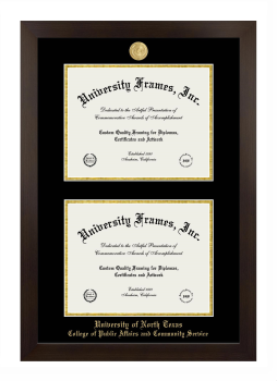 University of North Texas College of Public Affairs and Community Service Double Diploma Frame in Manhattan Espresso with Black & Gold Mats for document: 8 1/2"h x 11"w  , document: 8 1/2"h x 11"w  