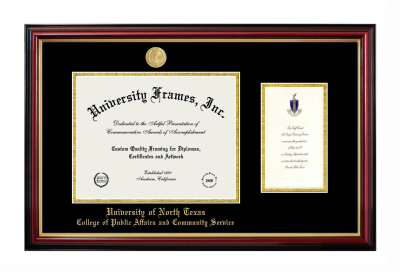 University of North Texas College of Public Affairs and Community Service Diploma with Announcement Frame in Petite Mahogany with Gold Trim with Black & Gold Mats for document: 8 1/2"h x 11"w  , diploma: 7"h x 4"w  