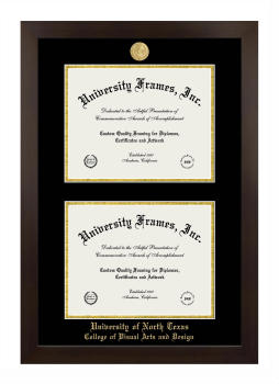 University of North Texas College of Visual Arts and Design Double Diploma Frame in Manhattan Espresso with Black & Gold Mats for document: 8 1/2"h x 11"w  , document: 8 1/2"h x 11"w  
