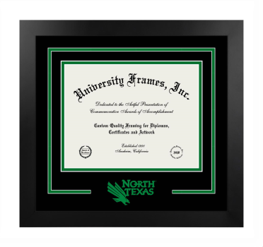University of North Texas Health Science Center at Fort Worth Logo Mat Frame in Manhattan Black with Black & Kelly Green Mats for document: 8 1/2"h x 11"w  