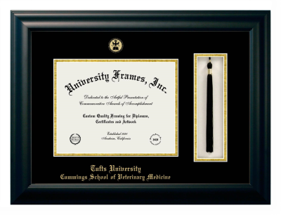 Tufts University Cummings School of Veterinary Medicine Diploma with Tassel Box Frame in Satin Black with Black & Gold Mats for document: 8 1/2"h x 11"w  