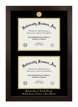 University of North Texas Health Science Center at Fort Worth Double Diploma Frame in Manhattan Espresso with Black & Gold Mats for document: 8 1/2"h x 11"w  , document: 8 1/2"h x 11"w  
