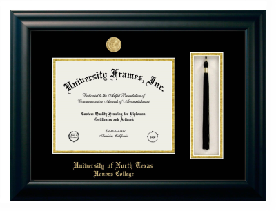 University of North Texas Honors College Diploma with Tassel Box Frame in Satin Black with Black & Gold Mats for document: 8 1/2"h x 11"w  