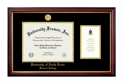 University of North Texas Honors College Diploma with Announcement Frame in Petite Mahogany with Gold Trim with Black & Gold Mats for document: 8 1/2"h x 11"w  , diploma: 7"h x 4"w  