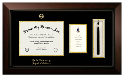 Tufts University School of Medicine Diploma with Announcement & Tassel Box Frame in Legacy Black Cherry with Black & Gold Mats for document: 8 1/2"h x 11"w  , diploma: 7"h x 4"w  