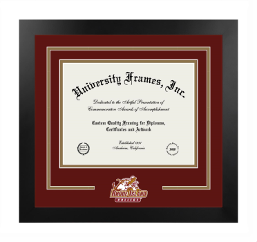 Rhode Island College Logo Mat Frame in Manhattan Black with Maroon & Bronze Mats for document: 8 1/2"h x 11"w  