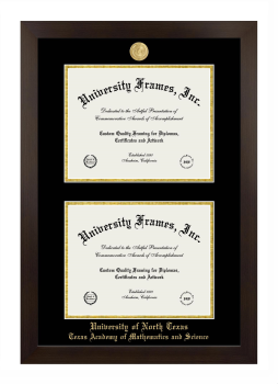 University of North Texas Texas Academy of Mathematics and Science Double Diploma Frame in Manhattan Espresso with Black & Gold Mats for document: 8 1/2"h x 11"w  , document: 8 1/2"h x 11"w  