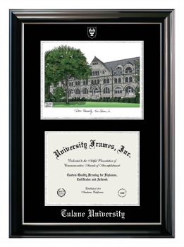Tulane University Double Opening with Campus Image (Stacked) Frame in Classic Ebony with Silver Trim with Black & Silver Mats for document: 8 1/2"h x 11"w  