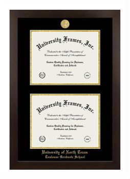 University of North Texas Toulouse Graduate School Double Diploma Frame in Manhattan Espresso with Black & Gold Mats for document: 8 1/2"h x 11"w  , document: 8 1/2"h x 11"w  