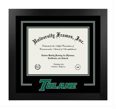 Tulane University Law School Logo Mat Frame in Manhattan Black with Black & Forest Green Mats for document: 8 1/2"h x 11"w  