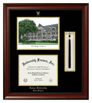 Tulane University Law School Double Opening with Campus Image & Tassel Box (Stacked) Frame in Avalon Mahogany with Black & Gold Mats for document: 8 1/2"h x 11"w  