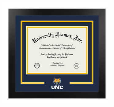 University of Northern Colorado Logo Mat Frame in Manhattan Black with Navy Blue & Amber Mats for document: 8 1/2"h x 11"w  