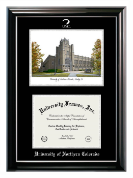 University of Northern Colorado Double Opening with Campus Image (Stacked) Frame in Classic Ebony with Silver Trim with Black & Silver Mats for document: 8 1/2"h x 11"w  