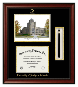 University of Northern Colorado Double Opening with Campus Image & Tassel Box (Stacked) Frame in Avalon Mahogany with Black & Gold Mats for document: 8 1/2"h x 11"w  