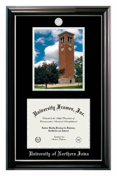 University of Northern Iowa Double Opening with Campus Image (Stacked) Frame in Classic Ebony with Silver Trim with Black & Silver Mats for document: 8 1/2"h x 11"w  