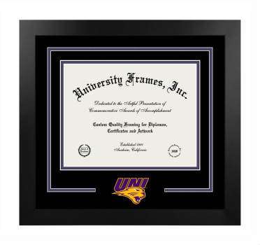 University of Northern Iowa College of Education Logo Mat Frame in Manhattan Black with Black & Purple Mats for document: 8 1/2"h x 11"w  