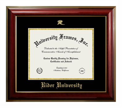 Rider University Diploma Frame in Classic Mahogany with Gold Trim with Black & Gold Mats for document: 8 1/2"h x 11"w  