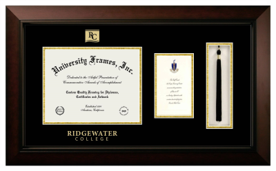 Ridgewater College Diploma with Announcement & Tassel Box Frame in Legacy Black Cherry with Black & Gold Mats for document: 8 1/2"h x 11"w  , diploma: 7"h x 4"w  