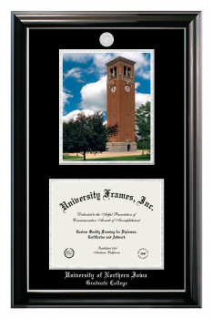 University of Northern Iowa Graduate College Double Opening with Campus Image (Stacked) Frame in Classic Ebony with Silver Trim with Black & Silver Mats for document: 8 1/2"h x 11"w  