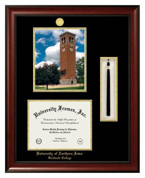 University of Northern Iowa Graduate College Double Opening with Campus Image & Tassel Box (Stacked) Frame in Avalon Mahogany with Black & Gold Mats for document: 8 1/2"h x 11"w  