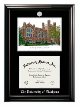 University of Oklahoma Double Opening with Campus Image (Stacked) Frame in Classic Ebony with Silver Trim with Black & Silver Mats for document: 8 1/2"h x 11"w  