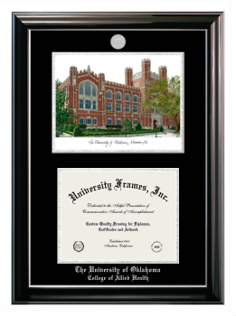 University of Oklahoma College of Allied Health Double Opening with Campus Image (Stacked) Frame in Classic Ebony with Silver Trim with Black & Silver Mats for document: 8 1/2"h x 11"w  