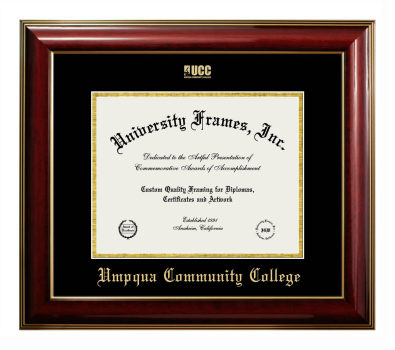 Umpqua Community College Diploma Frame in Classic Mahogany with Gold Trim with Black & Gold Mats for document: 8 1/2"h x 11"w  