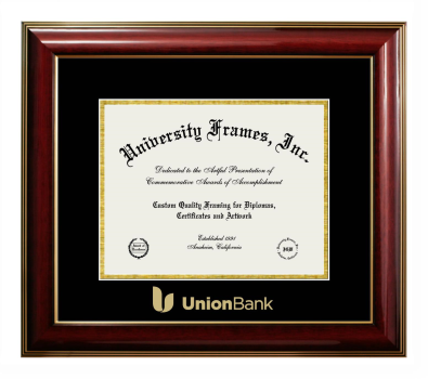 Union Bank Diploma Frame in Classic Mahogany with Gold Trim with Black & Gold Mats for document: 8 1/2"h x 11"w  