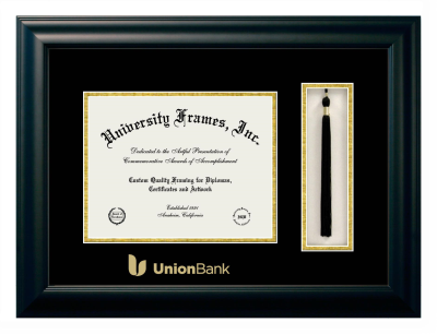 Union Bank Diploma with Tassel Box Frame in Satin Black with Black & Gold Mats for document: 8 1/2"h x 11"w  