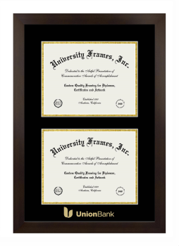 Union Bank Double Diploma Frame in Manhattan Espresso with Black & Gold Mats for document: 8 1/2"h x 11"w  , document: 8 1/2"h x 11"w  