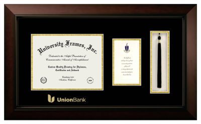 Union Bank Diploma with Announcement & Tassel Box Frame in Legacy Black Cherry with Black & Gold Mats for document: 8 1/2"h x 11"w  , diploma: 7"h x 4"w  