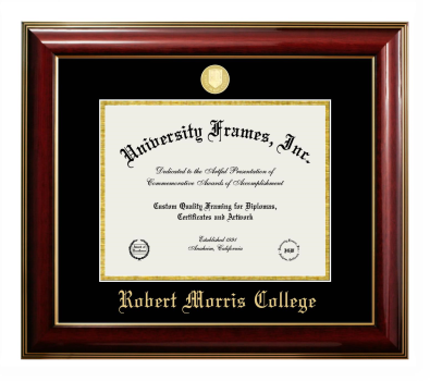 Robert Morris College Diploma Frame in Classic Mahogany with Gold Trim with Black & Gold Mats for document: 8 1/2"h x 11"w  