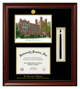 University of Oklahoma Gaylord College of Mass Communication and Journalism Double Opening with Campus Image & Tassel Box (Stacked) Frame in Avalon Mahogany with Black & Gold Mats for document: 8 1/2"h x 11"w  