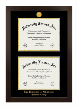 University of Oklahoma Graduate College Double Diploma Frame in Manhattan Espresso with Black & Gold Mats for document: 8 1/2"h x 11"w  , document: 8 1/2"h x 11"w  