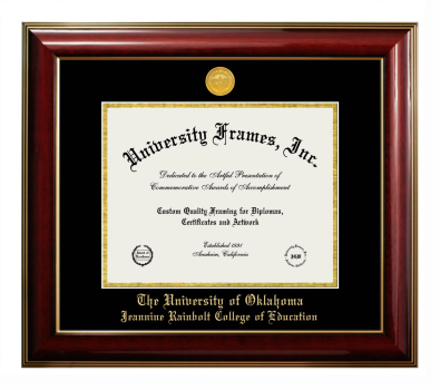 University of Oklahoma Jeannine Rainbolt College of Education Diploma Frame in Classic Mahogany with Gold Trim with Black & Gold Mats for document: 8 1/2"h x 11"w  