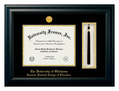 University of Oklahoma Jeannine Rainbolt College of Education Diploma with Tassel Box Frame in Satin Black with Black & Gold Mats for document: 8 1/2"h x 11"w  
