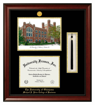 University of Oklahoma Michael F. Price College of Business Double Opening with Campus Image & Tassel Box (Stacked) Frame in Avalon Mahogany with Black & Gold Mats for document: 8 1/2"h x 11"w  