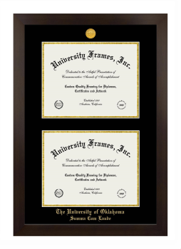 University of Oklahoma Summa Cum Laude Double Diploma Frame in Manhattan Espresso with Black & Gold Mats for document: 8 1/2"h x 11"w  , document: 8 1/2"h x 11"w  