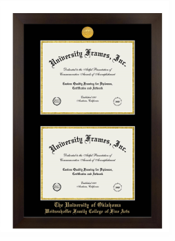 University of Oklahoma Weitzenhoffer Family College of Fine Arts Double Diploma Frame in Manhattan Espresso with Black & Gold Mats for document: 8 1/2"h x 11"w  , document: 8 1/2"h x 11"w  