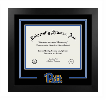 University of Pittsburgh Logo Mat Frame in Manhattan Black with Black & Royal Blue Mats for document: 8 1/2"h x 11"w  