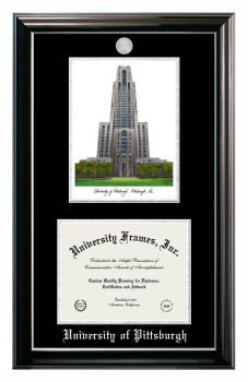 University of Pittsburgh Double Opening with Campus Image (Stacked) Frame in Classic Ebony with Silver Trim with Black & Silver Mats for document: 8 1/2"h x 11"w  