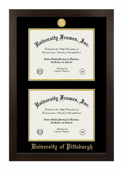 University of Pittsburgh Double Diploma Frame in Manhattan Espresso with Black & Gold Mats for document: 8 1/2"h x 11"w  , document: 8 1/2"h x 11"w  