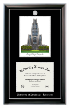 University of Pittsburgh - Johnstown Double Opening with Campus Image (Stacked) Frame in Classic Ebony with Silver Trim with Black & Silver Mats for document: 8 1/2"h x 11"w  