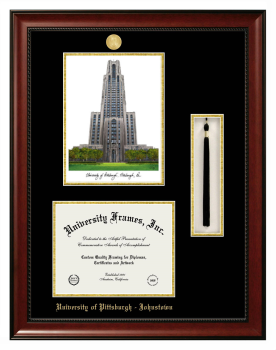 University of Pittsburgh - Johnstown Double Opening with Campus Image & Tassel Box (Stacked) Frame in Avalon Mahogany with Black & Gold Mats for document: 8 1/2"h x 11"w  