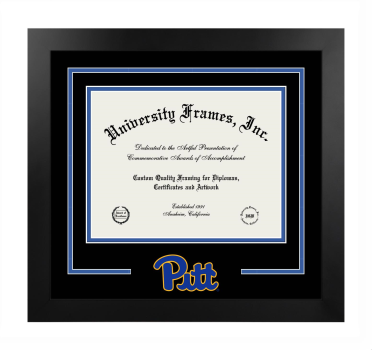 University of Pittsburgh School of Law Logo Mat Frame in Manhattan Black with Black & Royal Blue Mats for document: 8 1/2"h x 11"w  