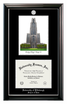 University of Pittsburgh School of Law Double Opening with Campus Image (Stacked) Frame in Classic Ebony with Silver Trim with Black & Silver Mats for document: 8 1/2"h x 11"w  