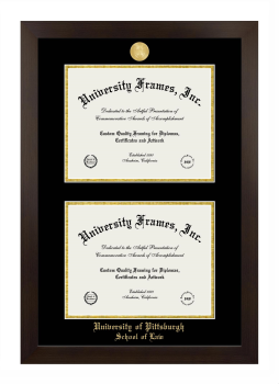 University of Pittsburgh School of Law Double Diploma Frame in Manhattan Espresso with Black & Gold Mats for document: 8 1/2"h x 11"w  , document: 8 1/2"h x 11"w  