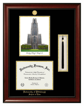 University of Pittsburgh School of Law Double Opening with Campus Image & Tassel Box (Stacked) Frame in Avalon Mahogany with Black & Gold Mats for document: 8 1/2"h x 11"w  